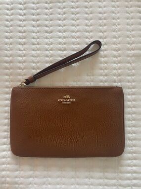 Coach Tan/Brown Saffiano Leather Wristlet with Gold Logo